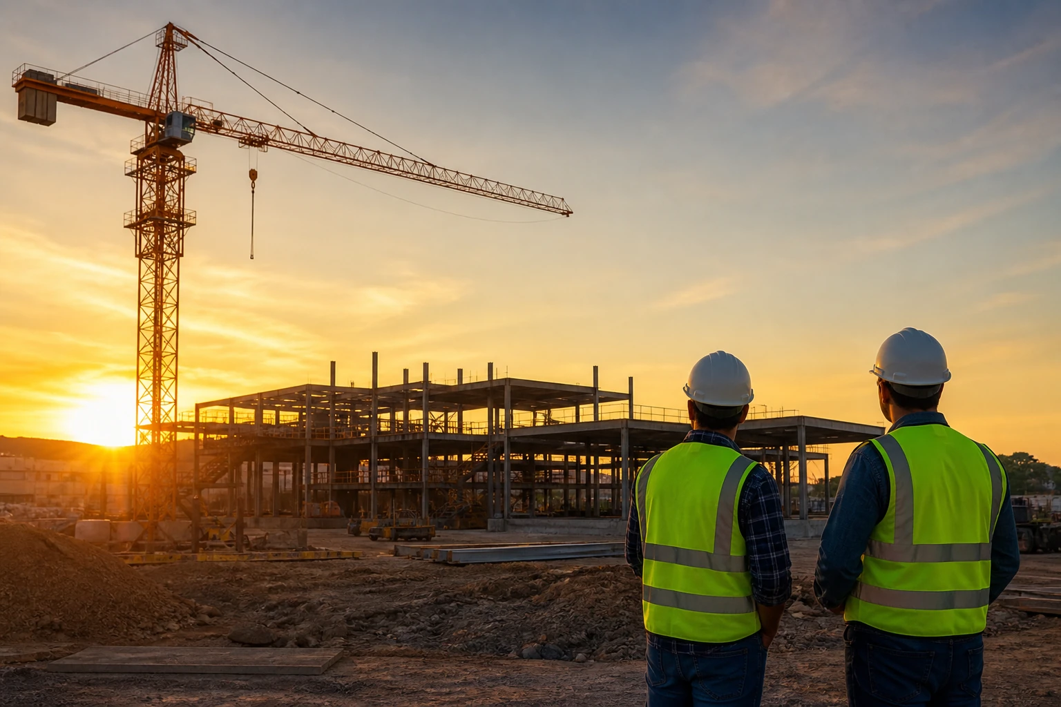 Construction site with crane at sunset